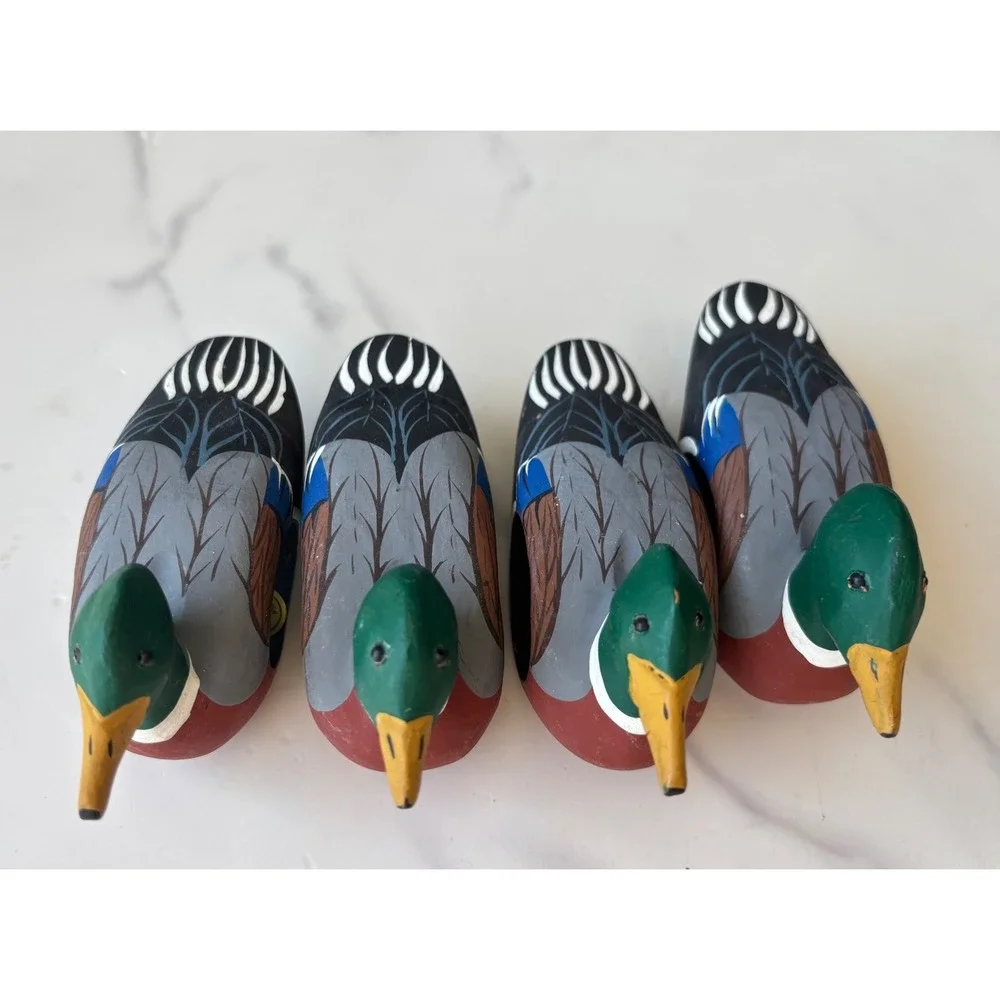 Vintage Hand Painted Wooden Mallard Duck Napkin Rings Set of 4 Philippines Made